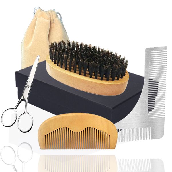 Men Grooming Trimming Kit Boar Brush Scissors Pocket Combs