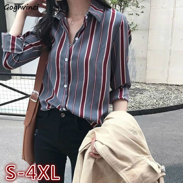 

shirts women spring striped single breasted plus size 4xl loose thin korean trendy leisure womens blouses stylish ins bf ulzaang, White