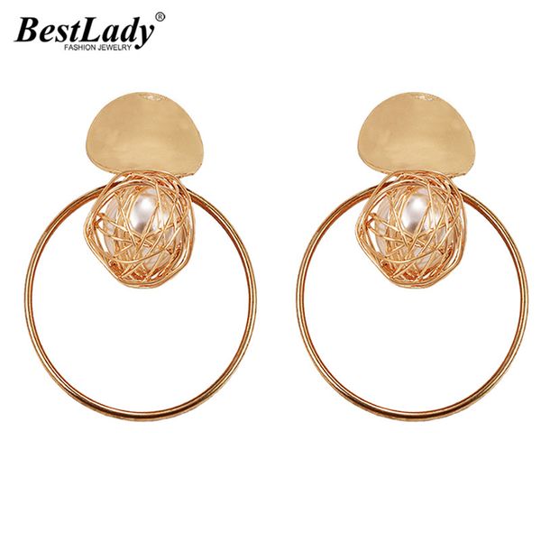 

lady vintage simulated peal stud earrings for women boho round hollow out wedding party statement earring jewelry girl gift, Golden;silver