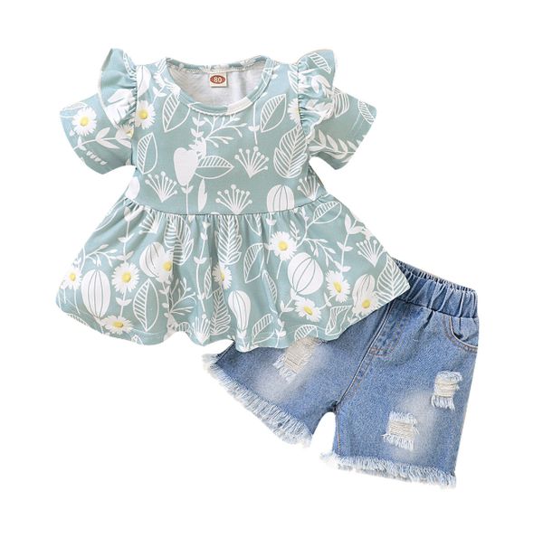 

summer kids baby girl clothes flowers shirt+denim shorts pants sweet girls floral outfit set, White