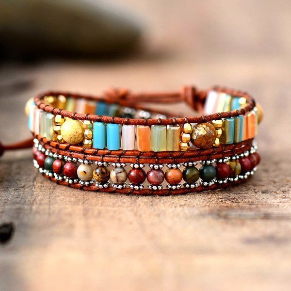 

new leather bracelets natural stones crystal 2 strands wrap bracelets handmade vintage woven boho bracelet dropshipping, Golden;silver