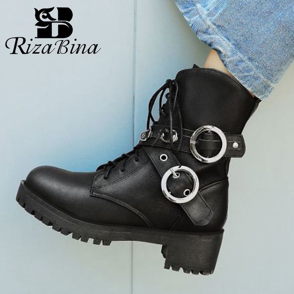

rizabina women 2020 motorcycle boots fashion buckle cross strap lady platform boots winter autumn shoes woman size 33-43, Black