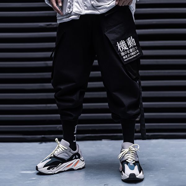 

2019 hip hip cargo pants men harajuku pant joggers streetwear color block patchwork track trousers, Black