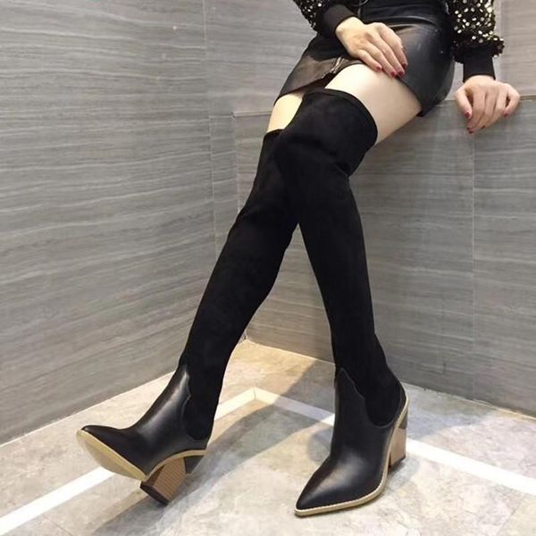 

fashion luxury women thick heel stretch-suede sock boots 22 inches over the knee boots breathable elastic ladies winter boots size 35-41, Black