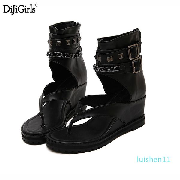 

summer platform sandals ankle shoes punk chain rivets gladiator sandals women flip flops womens shoes heels and wedges sandal l11, Black