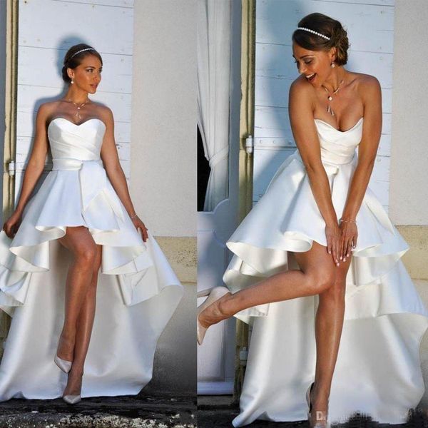 Queda Árabe Um Line Wedding Dresses Querida Satin mangas Ruched Sexy Open Back Alta Baixa Comprimento simples vestidos de noiva formais