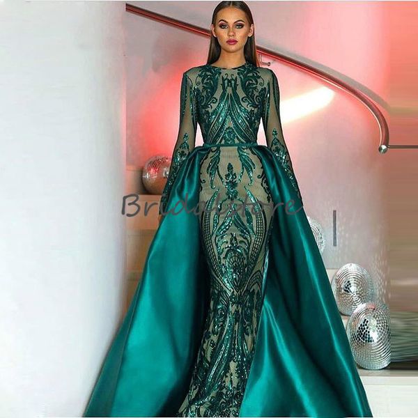 New Green Lantejoula Mermaid Prom Dresses com destacável Train Long Sleeve Africano formal do partido Evening vestidos elegantes Robes De Soirée 2020