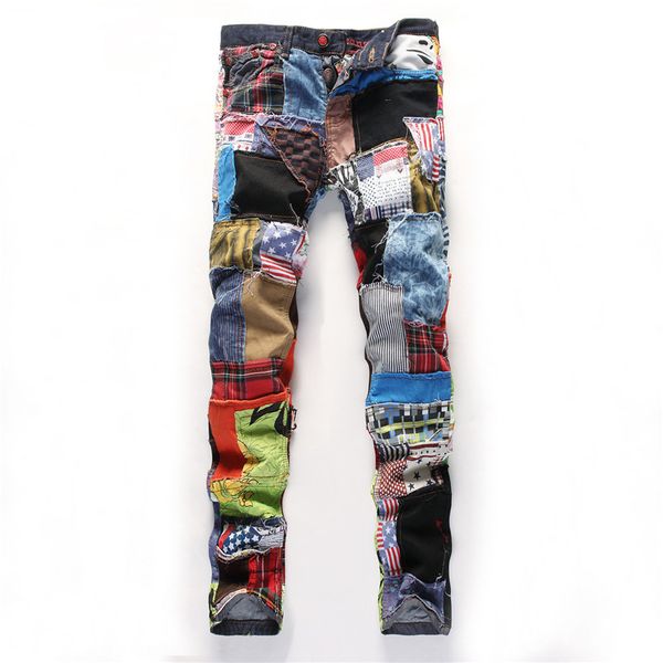 

men's jeans fashion casual multicolor patchwork straight tube hole patch jeans male cool beggar tide brand trousers pants, Blue
