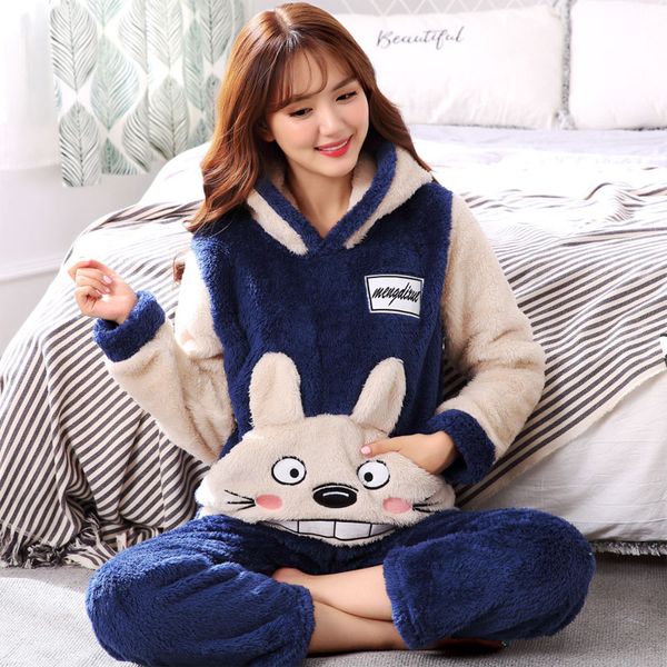 

plus size s-4xl 5xl flannel pajamas sets winter women hooded long wool lover sleepwear women cartoon coral fleece lounge set, Blue;gray
