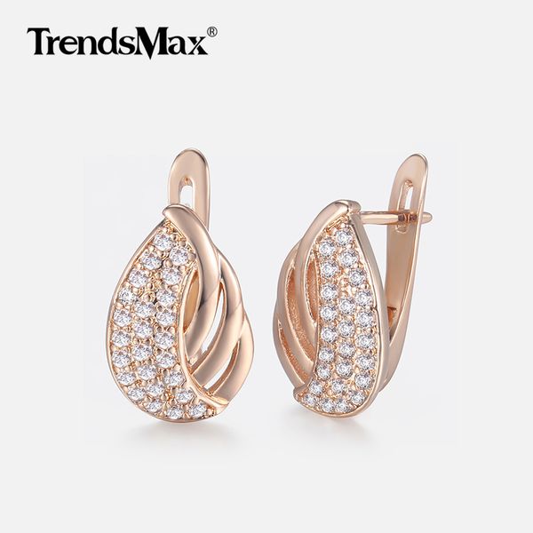 

trendsmax 585 rose gold earrings for women paved clear cz cubic zirconia leaf earrings women's fashion jewelry gifts kge170, Golden