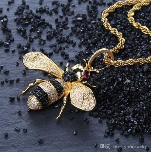 

personality gold iced out cubic zirconia animal bee pendant necklace men's hip hop jewelry gifts for women, Silver