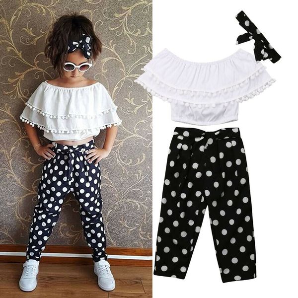 

2-7y toddler baby kid girls summer clothes sets outfits tassel white crop +dot print harem pants headband sets