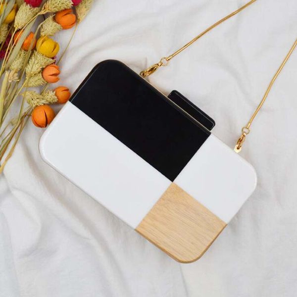 

acrylic woody women clutches handbag casual personal design black white plaid chain shoulder bag wallet party clutch evening bag