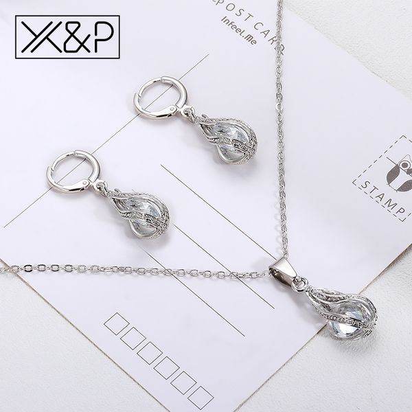 

x&p fashion gold silver hanging crystal jewelry set classic shiny korean cubic zirconia necklace earrings set jewelry set