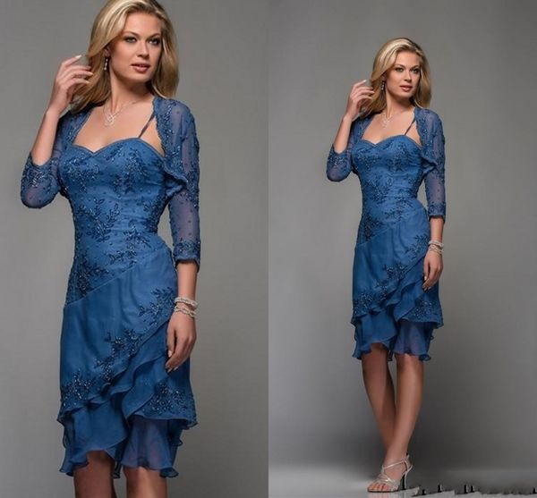 

navy blue mother of the bride dresses tiered lace embroidery women short prom gown with long sleeve jacket wedding guest party dress al6244, Black;red