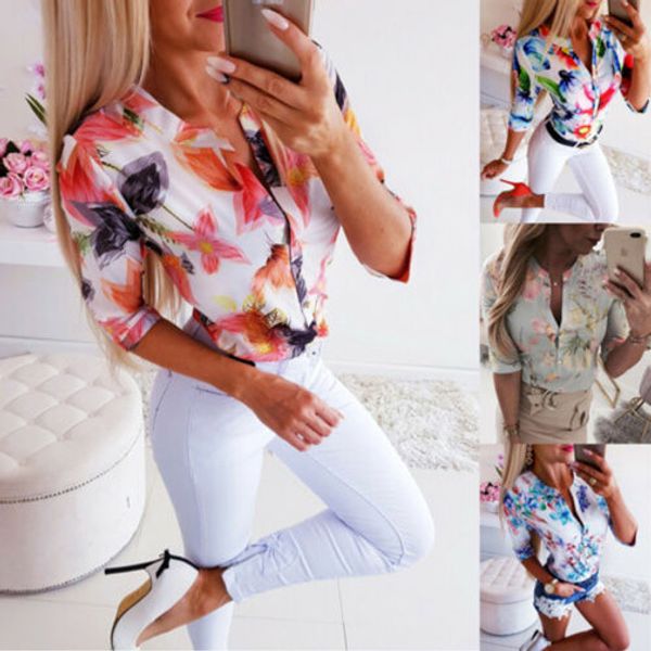 

summer women 3 4 sleeve floral loose v neck blouses woman female shirt ol ladies casual button blouse streetwear new arrival, White