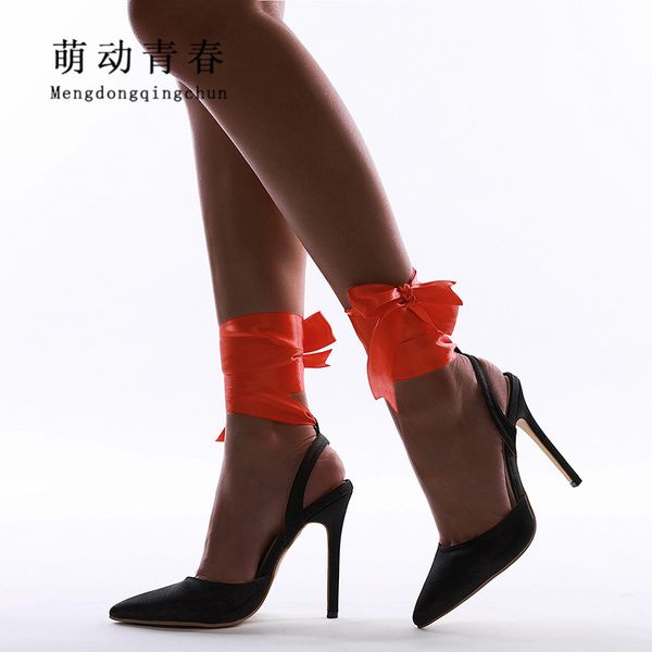 

fashion pumps women ankle strap thin high heels sandals mujer metal chains pointed toe office ladies pumps zapatos stiletto, Black