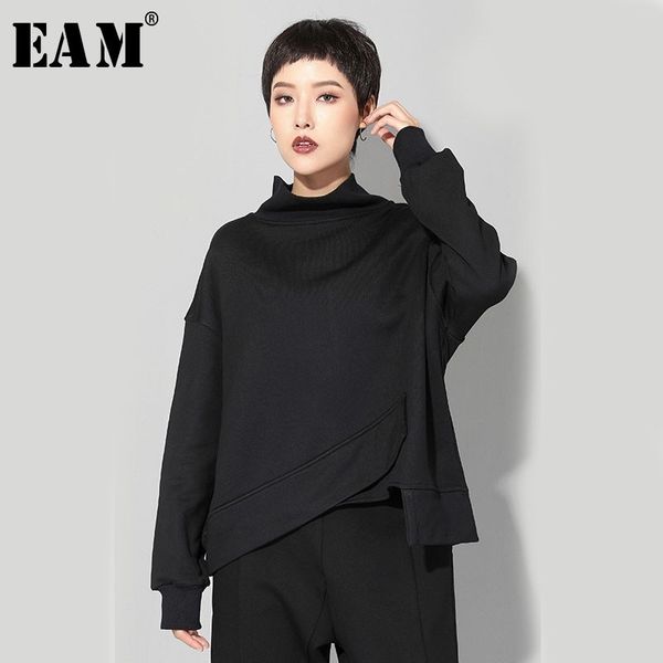 

[eam] 2019 new spring round neck long sleeve black big size irregular hem split joint sweatshirt women fashion tide jo061