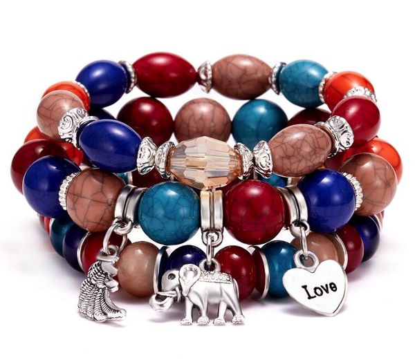 

love elephant love wings natural stone bracelet set wy534, Golden;silver