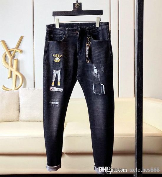 

men's ripped biker jeans revival jeans crystal studs denim pants designer trousers slim fit motorcycle black jeans men designer pants, Blue