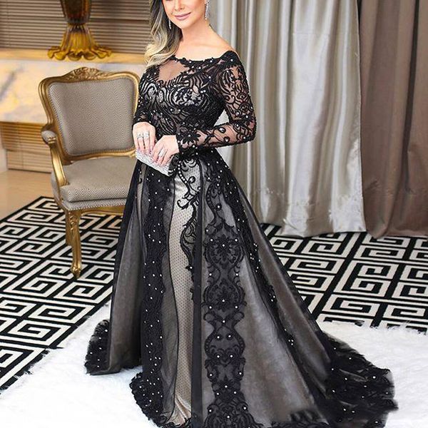 Modest Black Lace Vestidos de Noite Mangas Compridas Bateau Neck Árabe Mulheres Vestido Formal Abendkleider Vestido largo Prom Party Gowns271y