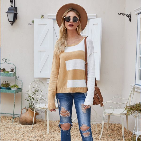 

women fashion knitted stripe sweater loose o-neck pullover jumpers stylish for female autumn winter female sweaters, White;black