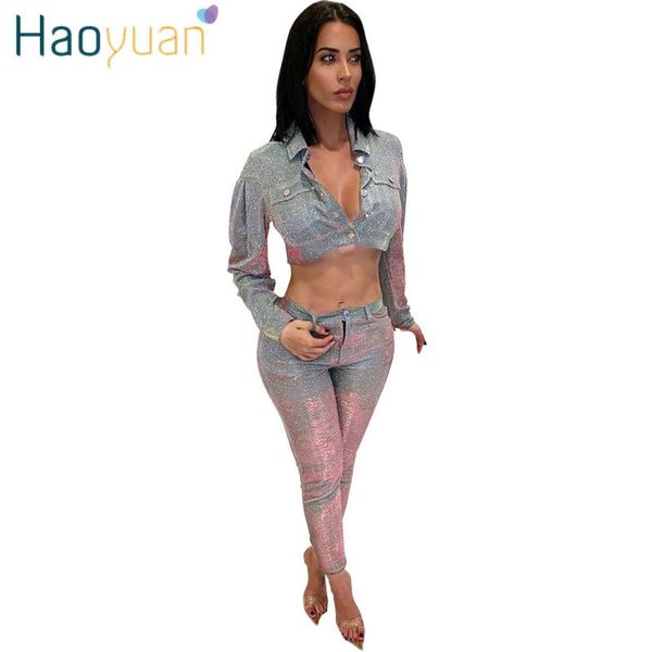 

haoyuan silver sequin two piece sets women glitter crop and skinny pants 2 piece club outfits sparkly matching sets, White