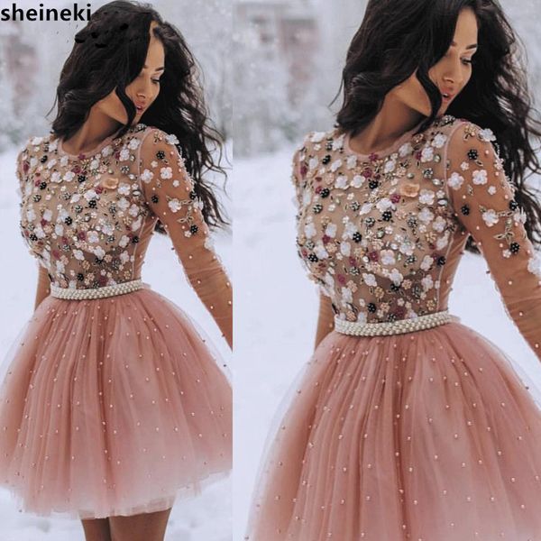 

2019 short prom dresses pearls beaded handmade flower long sleeves prom dresses cocktail dress, White;black