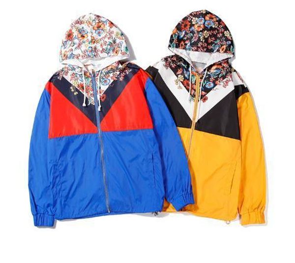 

fashionable mens thin jacket with contrast floral print hooded trench coat digital printing process yellow blue m-xxl, Black;brown