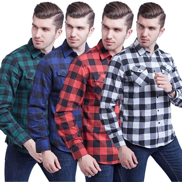 

fashion mens slim fit plaid shirt long sleeve cotton turn-down shirts casual, White;black
