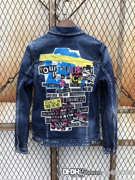 

men luxuy brand denim jacket blue back print slim-fit locomotive designer jacket fashion print pattern jean coat crew neck mens clothing, Black;brown