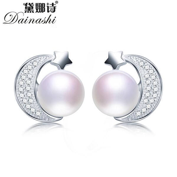 

dainashi 100% genuine freshwater pearl earrings for women 925 sterling silver zircon moon star stud earrings fine jewelry, Golden;silver