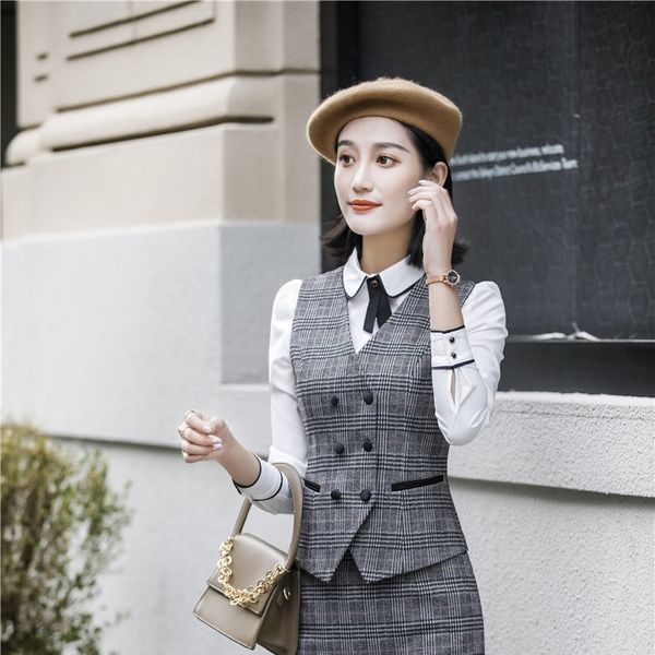 

uniform styles fashion plaid formal business women vest coat & waistcoat for ladies office work wear clothes fabric, Black;white
