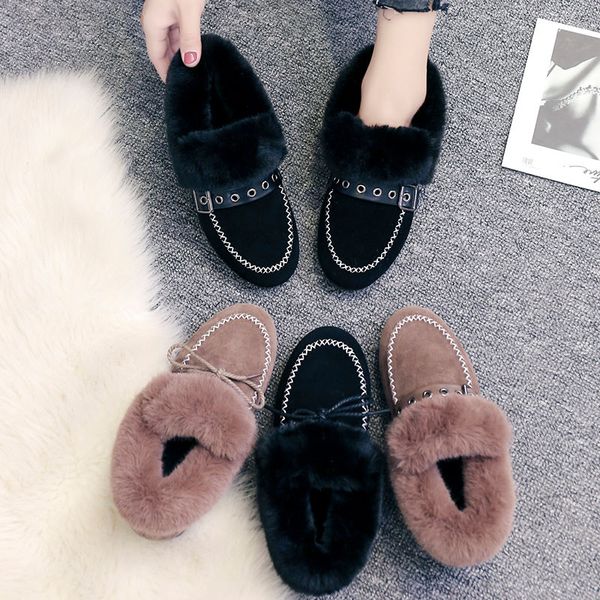 

2019 new women winter flats cotton shoes fuzzy loafers warm plush inside round toe antiskid black khaki