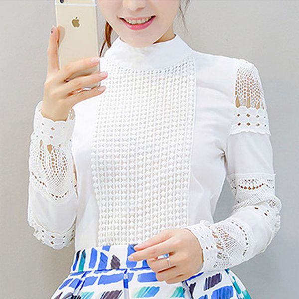 

2019 new fashion women office crochet lace shirt long-sleeved white blouses & shirts plus size ladies casual blouse s-5xl
