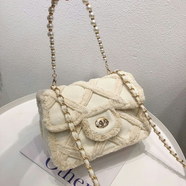 

2020 new canvas pearl diamond small square bag fashion wild chain shoulder bag exquisite elegant crossbody handbag women