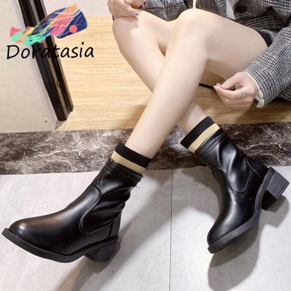 

doratasia office girl fashion solid ankle platform boots elegant black stretch boots women med chunky heels shoes woman