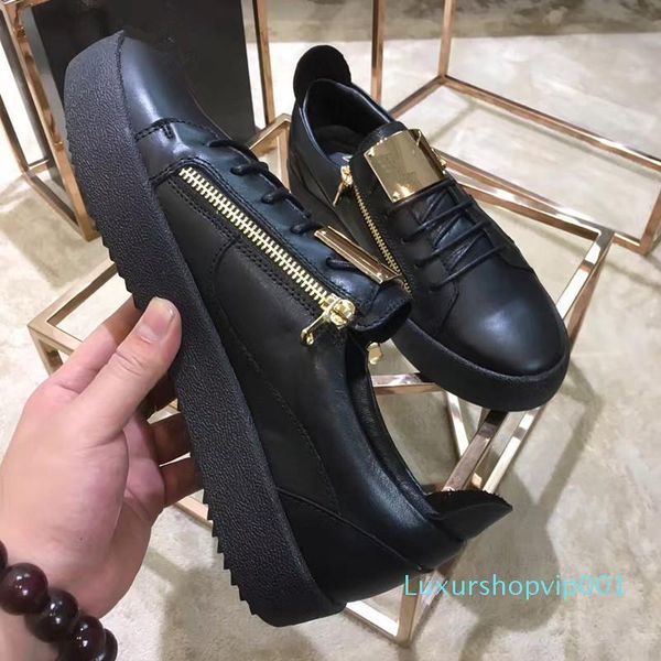 

2019 fashion guiseppes men's and women flat sneakers low black genuine leather casual shoes size 36-46
