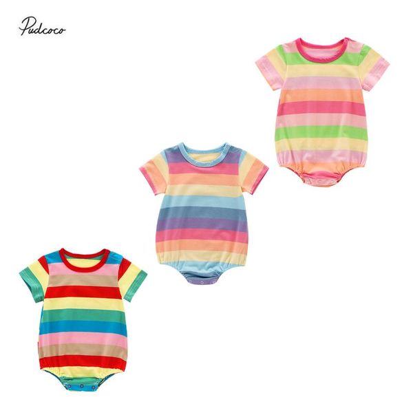 

2020 sweet rainbow print infant girls romper 0-24m baby summer new colorful striped short sleeve playsit jumpsuit cotton clothes, Blue