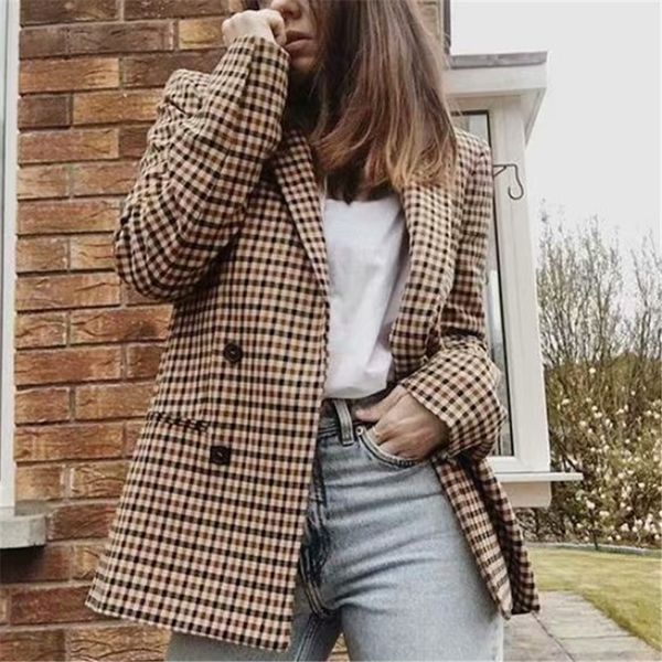 

taotrees women autumn plaid blazer jacket double breasted blazer office lady vintage pocket coat outfit streetwear, White;black