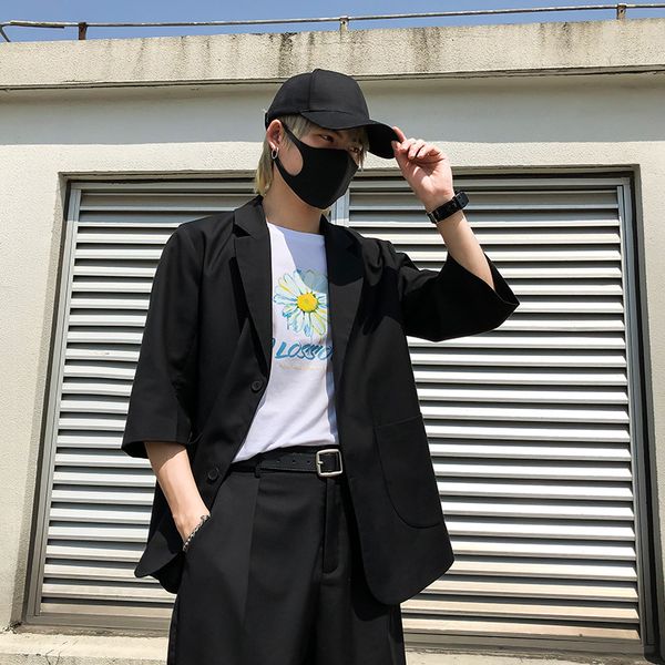 

men's suits & blazers male women japan korea streetwear retro fashion loose half sleeve suit coat outerwear men casual jacket, White;black