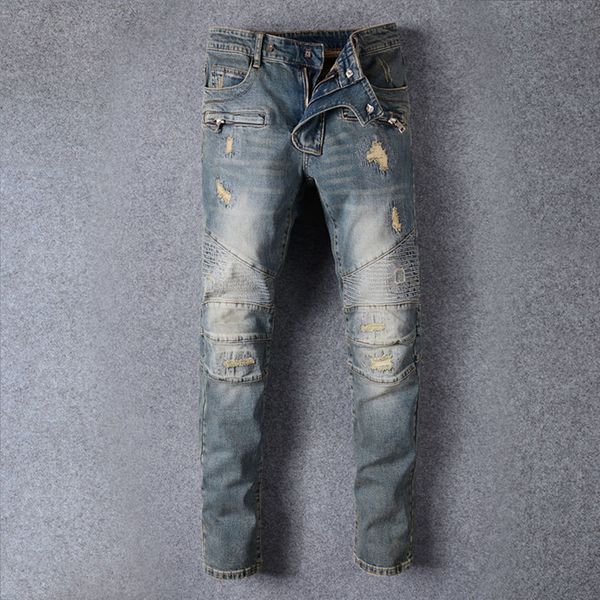 

fashion men's jeans pleated hole men's jeans tide straight slim hole denim pants, Blue