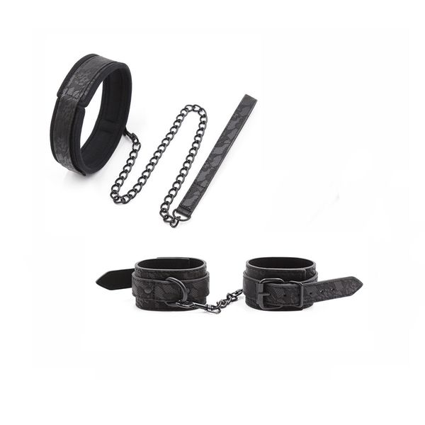 Schwarzes Bondage-Spitzenschwamm-Handschellen-Handgelenk-Fußfesseln-Rückhaltehalsband-Set A675