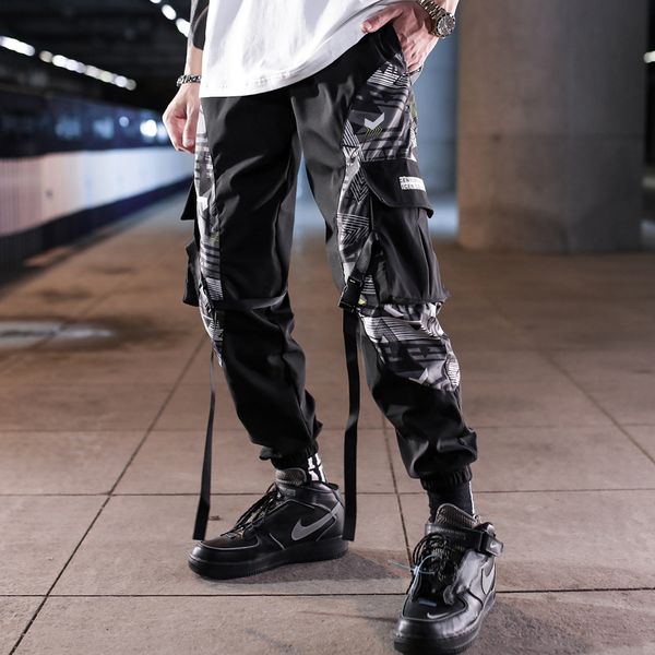 

streetwear hip hop patchwork sweatpants joggers trousers casual drawstring sportwear male 2020 new men cargo pants, Black