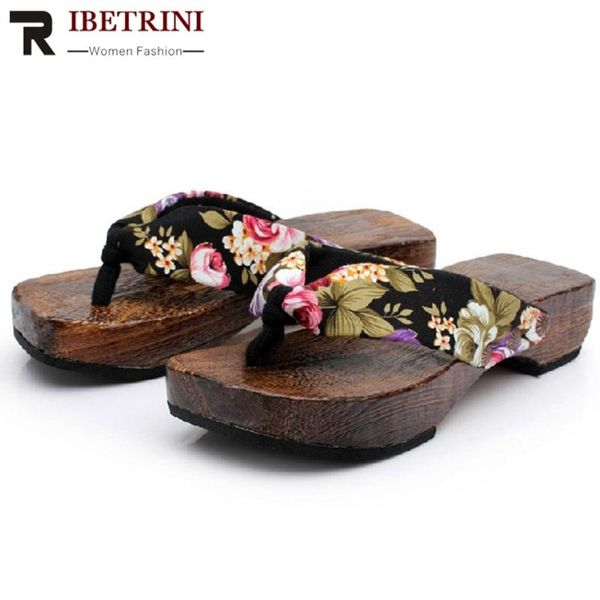 

ribetrini classic fashion med chunky heels shoes women elegant casual flower print slippers summer slip-on flip flop, Black