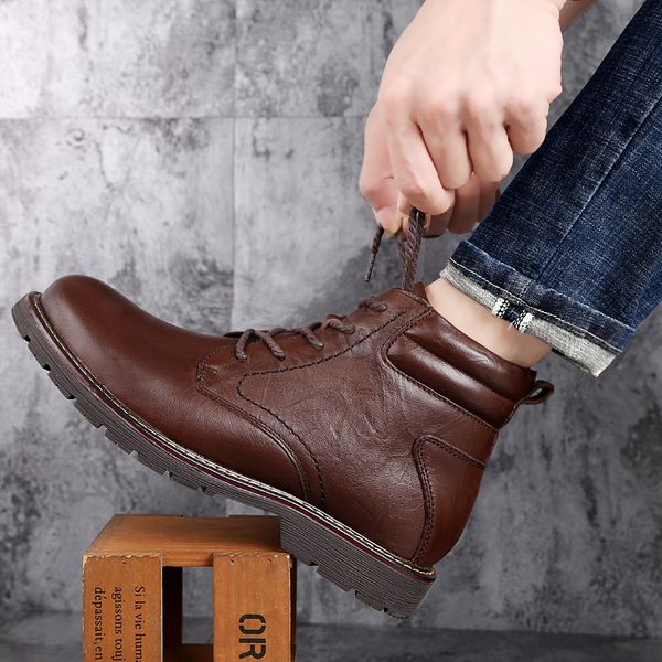 

warm comfortable fashion genuine leather snow boots men winter shoes waterproof boots men's wool plush warm boots, Black