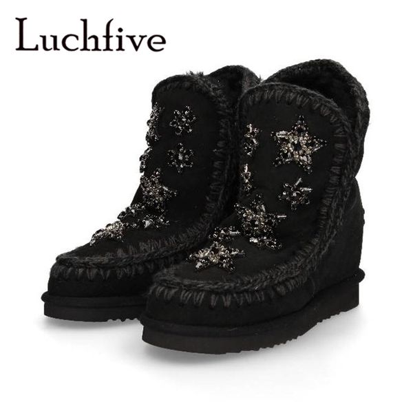 

inner wedges snow boots natural sheep fur crystal beading embellished warm shoes women winter ankle boots, Black