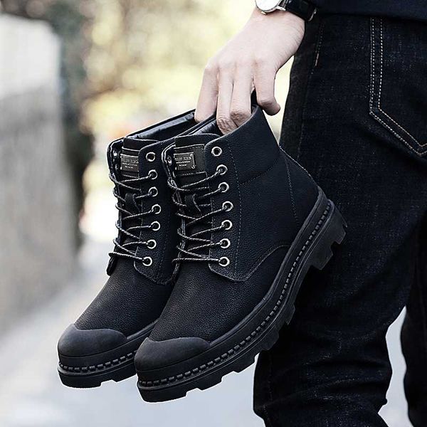 

fashion winter men's boots leather ankle boots men's winter work shoes tooling snow men, Black