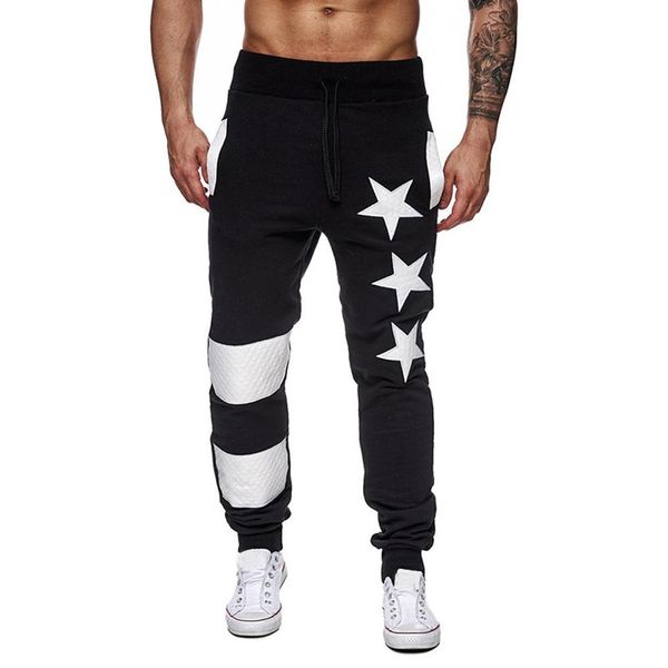 

men elastic waist drawstring pants star stripe print sport soft cotton sweatpants jogger long pants panelled patchwork trousers, Black