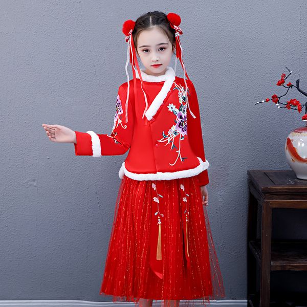 

3813 new winter clothes chinese-style floral embroidered princess dress new year clothing girl dress, Red;yellow